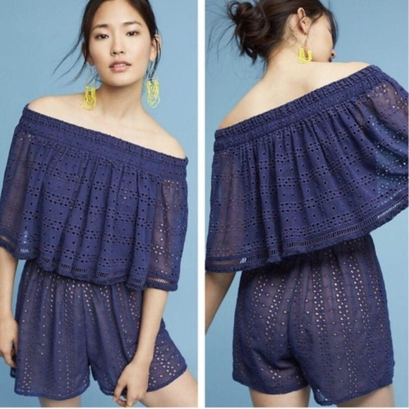 Anthropologie Pants - Anthropologie Romper Womens Small Blue Ranna Gill Tiered Ruffle Layered Boho
